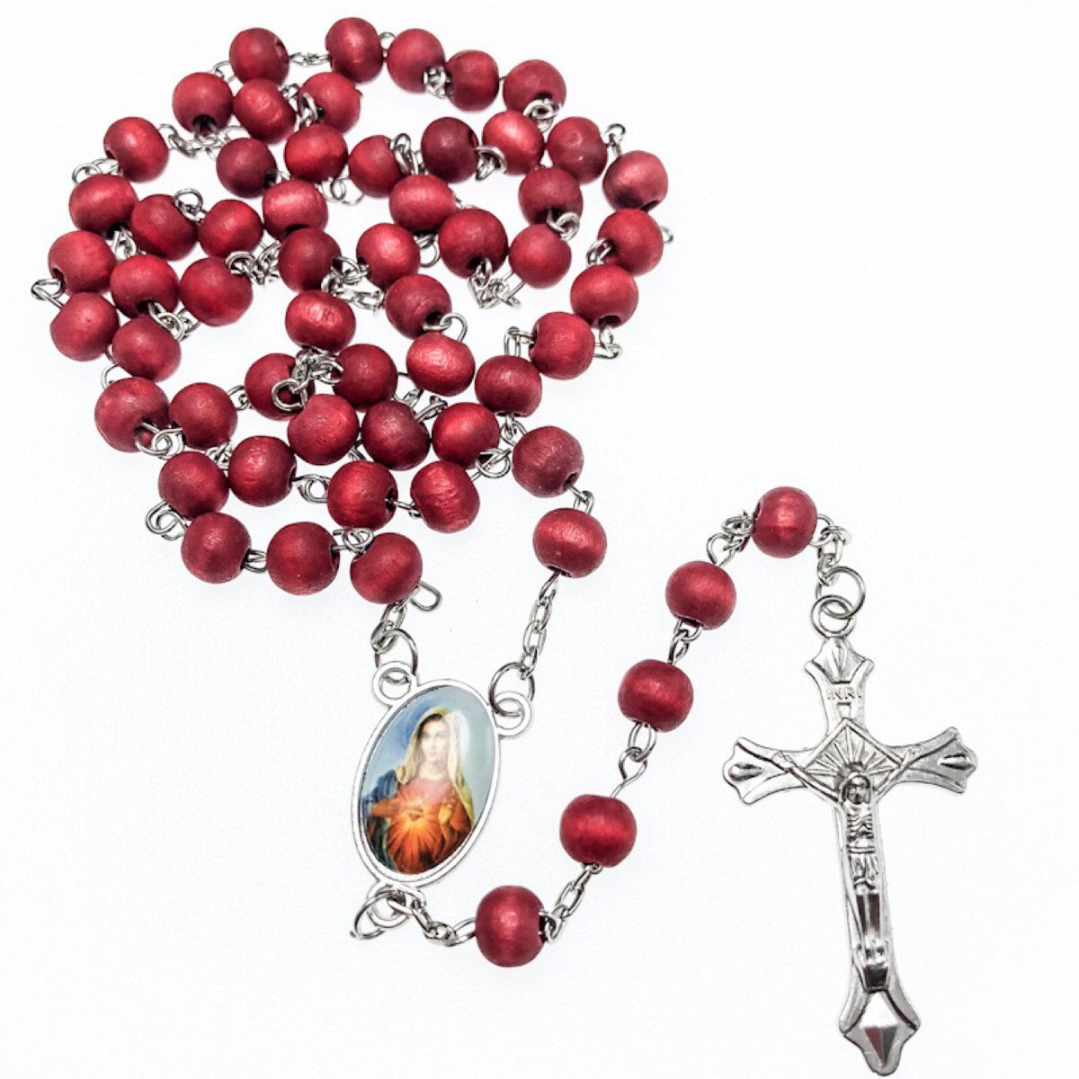 Rosario de madera roja completo, con medalla y cruz